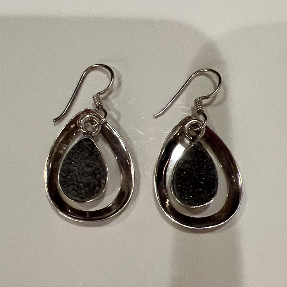 Teardrop Earrings 925 sterling silver and druzy sparkly dark gray stone